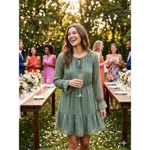 HM Divided Green Swiss Dot Long Sleeve Tiered Mini Dress Sage Boho Cottagecore S